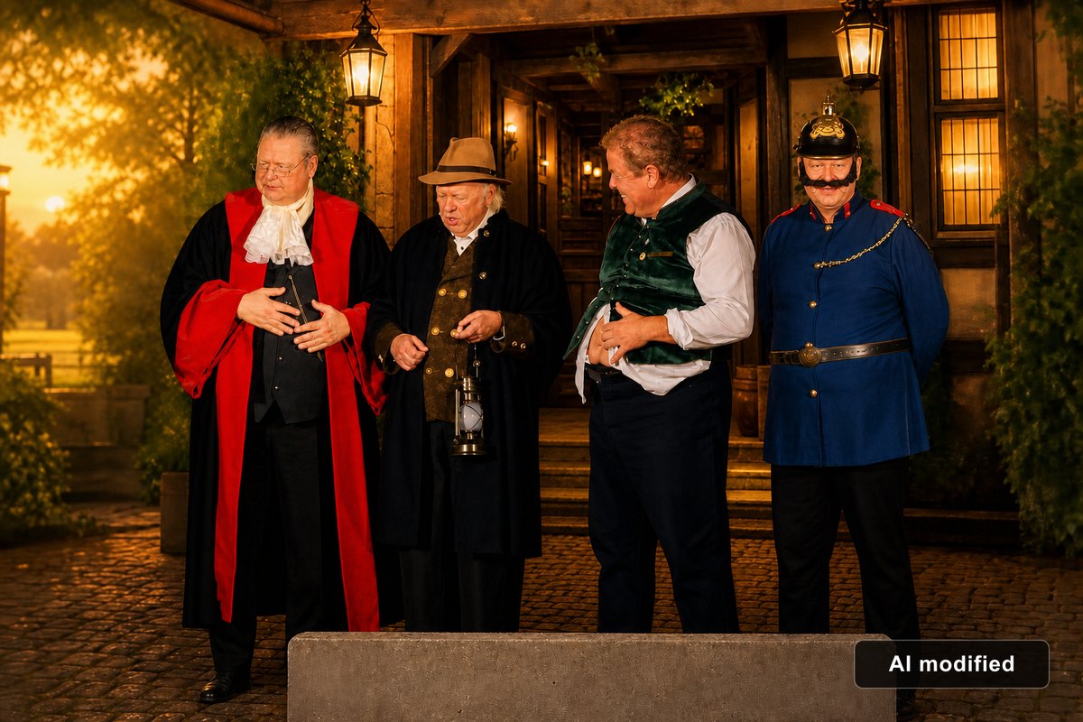 Vier Darsteller von Theater.Bayern vor dem Wirtshaus: Richter, Nachtwächter mit Laterne, Wirt und Gendarm